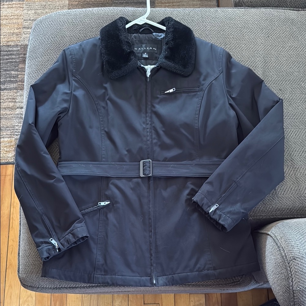 Calvin Klein Black Belted Jacket with Faux Fur Collar